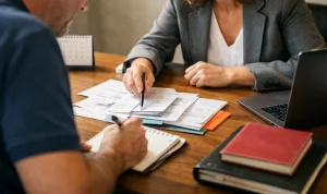 Abogado y empresario revisan papeles en oficina local, asesoria juridica en tabernes blanques