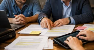 Asesor legal y fundadores revisando contratos y estrategias de riesgo consultoria legal en tabernes blanques