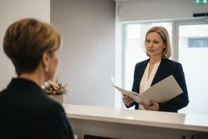 Cliente recibido en recepción de oficina para consulta sobre abogado penalista en Almàssera