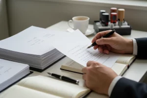Manos revisando documentación legal en despacho relacionado con abogado penalista en Almàssera
