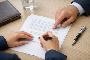 Familia reunida con asesora jurídica revisando documentos de herencia, consultoría legal en Tabernes Blanques