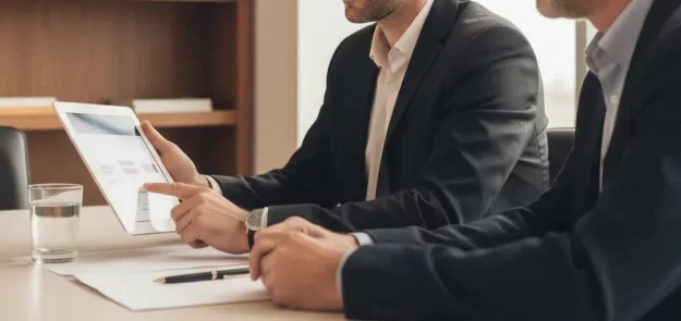 Asesor empresarial atendiendo reunión con cliente en despacho de asesoría para sociedades en Tabernes Blanques con tablet.