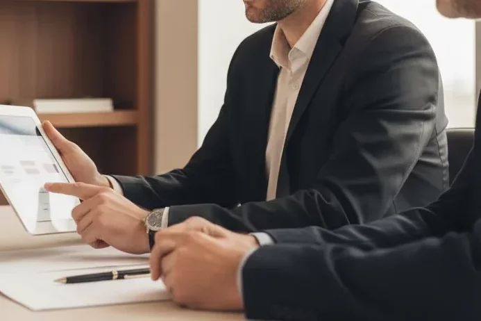 Asesor empresarial atendiendo reunión con cliente en despacho de asesoría para sociedades en Tabernes Blanques con tablet.