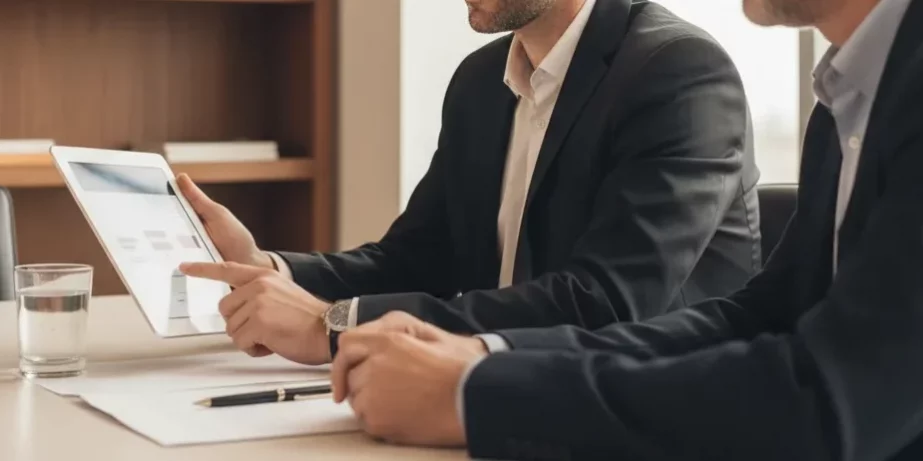 Asesor empresarial atendiendo reunión con cliente en despacho de asesoría para sociedades en Tabernes Blanques con tablet.